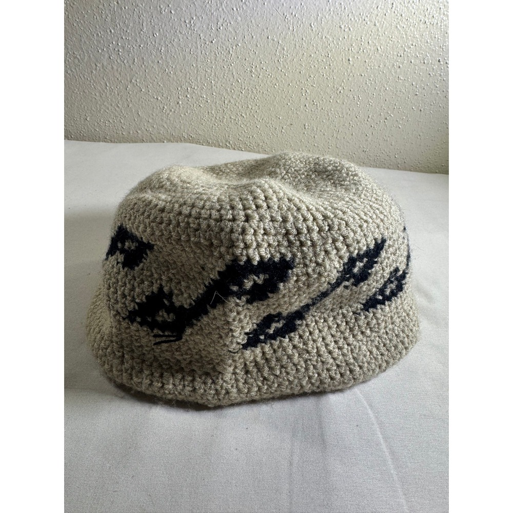 Handmade Crochet Bucket Hat Beige Black Graphic Knit Festival Streetwear Cap
